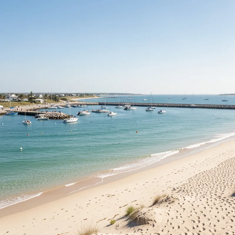 Vue panoramique d'une côte atlantique au coucher du soleil, avec plage de sable, dunes et sentier littoral